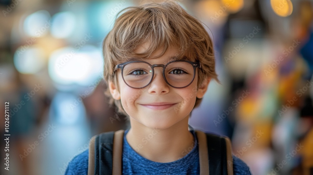 A young boy wearing glasses and a blue shirt is smiling