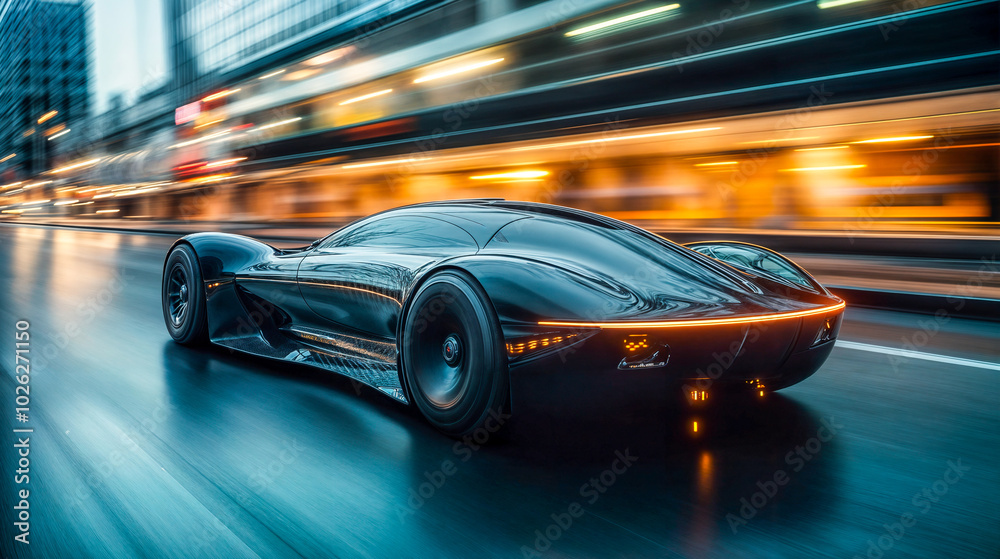 Naklejka premium Voiture futuriste roulant vite sur la route