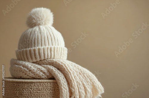 Warm knitted beanie and scarf on a cozy display in a softly lit interior