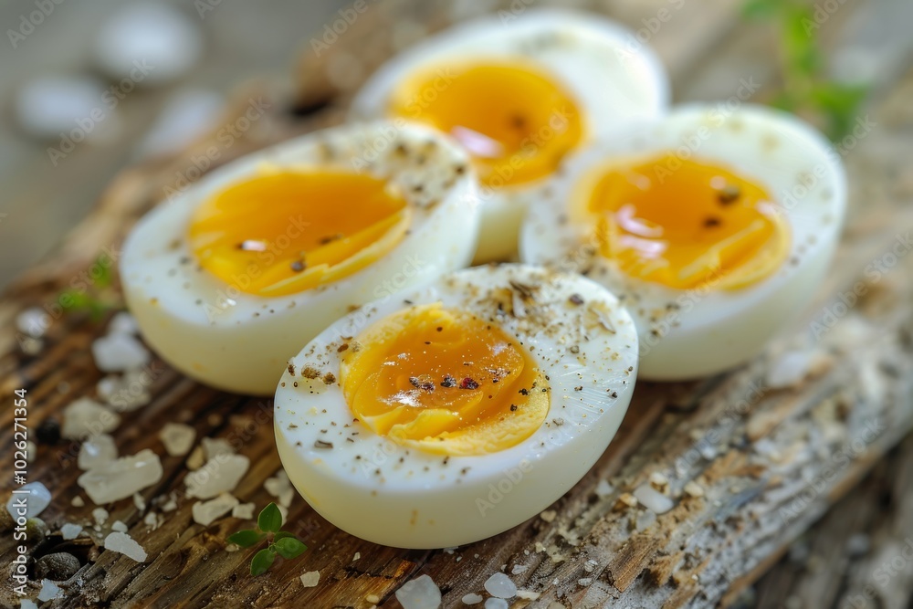 Seasoned soft-boiled eggs on rustic wood Seasoned soft-boiled eggs on rustic wood