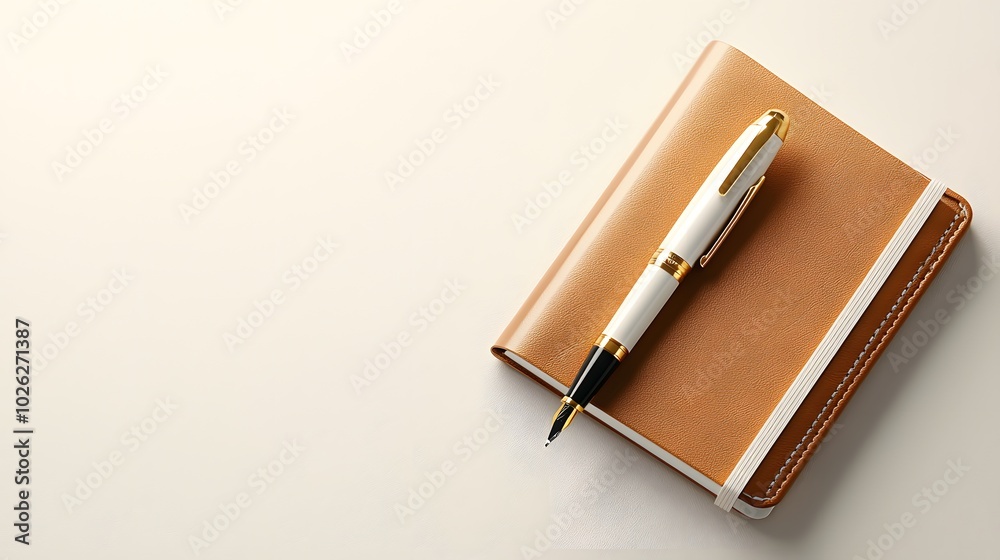 Elegant Pen on Leather Notebook Top Down View Elegant Pen on Leather Notebook Top Down View