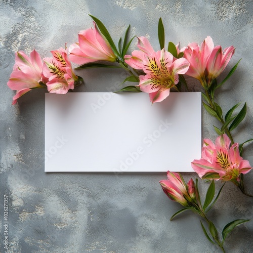 Delicate pink flowers arranged beside a blank card on a textured dark surface
