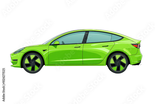 Green electric car on transparent background. showing side view of vehicle with sleek design. Perfect for eco-friendly and modern transportation themes.