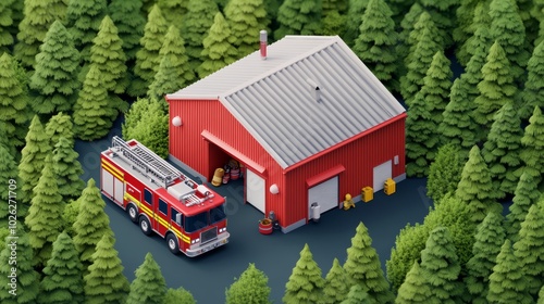 Red fire station surrounded by green trees, detailed and vibrant. photo