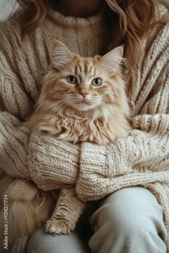 A cozy moment with a fluffy orange cat in a warm sweater at home on a chilly day
