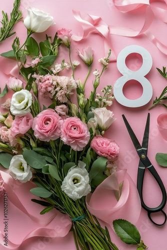 Pink floral arrangement with ribbon and the number eight on a pastel pink bac...