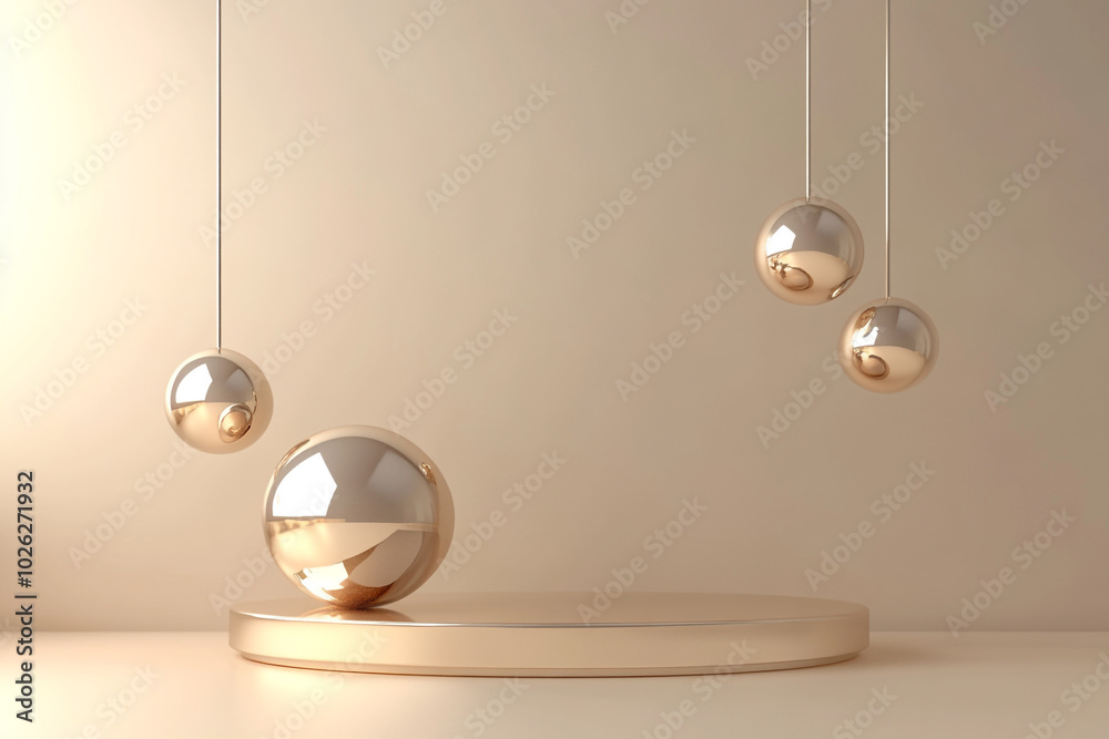 Abstract minimalist golden background with a round podium and spheres for product presentation.