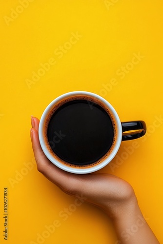 Enjoying a warm cup of coffee against a vibrant yellow background in cozy sur...