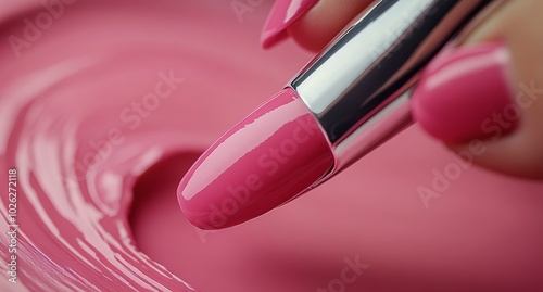 Bright pink nail polish application with a brush in a beauty studio