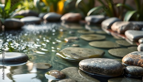 Tranquil Zen Garden, Stones in Water, Serenity