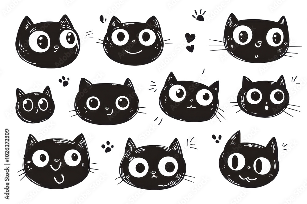 Fototapeta premium Charming black cat doodles with playful expressions, surrounded by tiny hearts and stars. Perfect for cute and whimsical design projects.