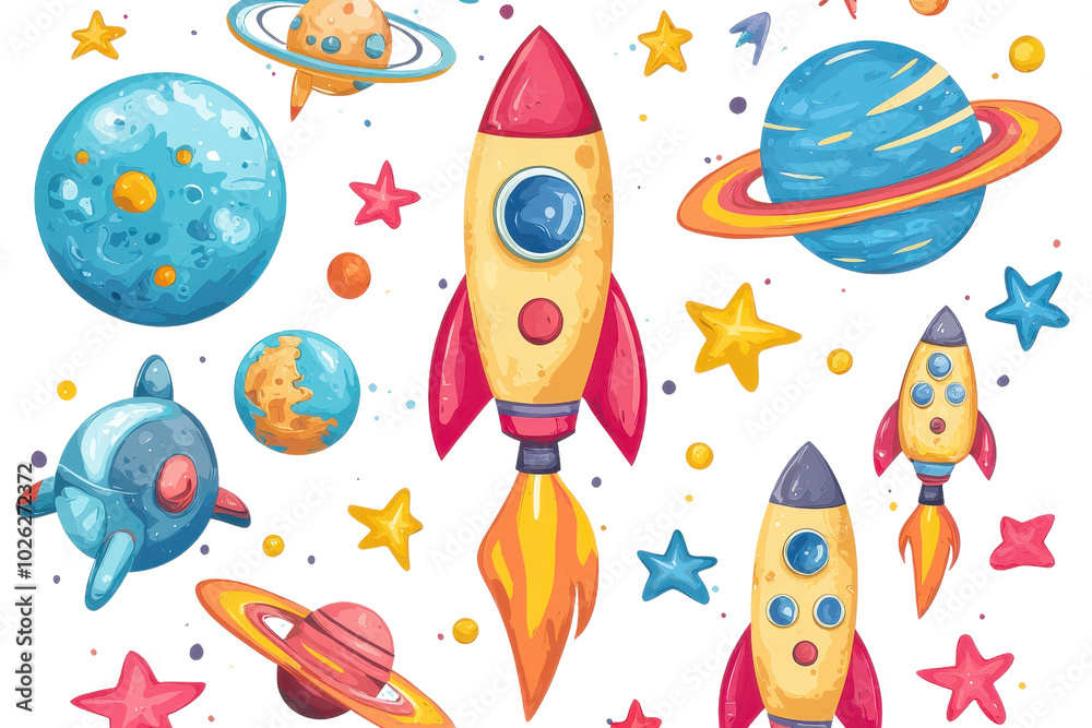 Colorful cartoon rockets and planets in space with stars, showcasing a playful space theme for kids' illustrations and educational materials. Colorful cartoon rockets and planets in space with stars, showcasing a playful space theme for kids' illustrations and educational materials.