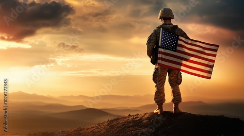 Lone American soldier standing atop a hill with a flag, gazing towards the horizon against a vibrant sunset sky, symbolizing military strength, patriotism, and honor. Capturing a powerful and emotiona photo