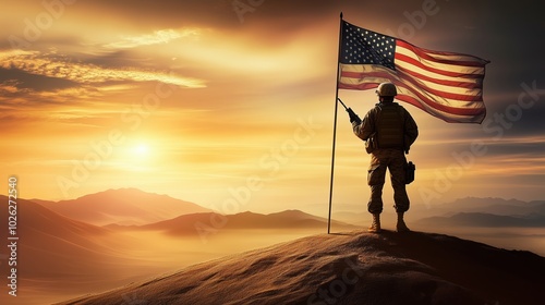 Lone American soldier standing atop a hill with a flag, gazing towards the horizon against a vibrant sunset sky, symbolizing military strength, patriotism, and honor. Capturing a powerful and emotiona