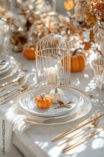 Elegant autumn table setting with pumpkins, candles, and decorative branches ...