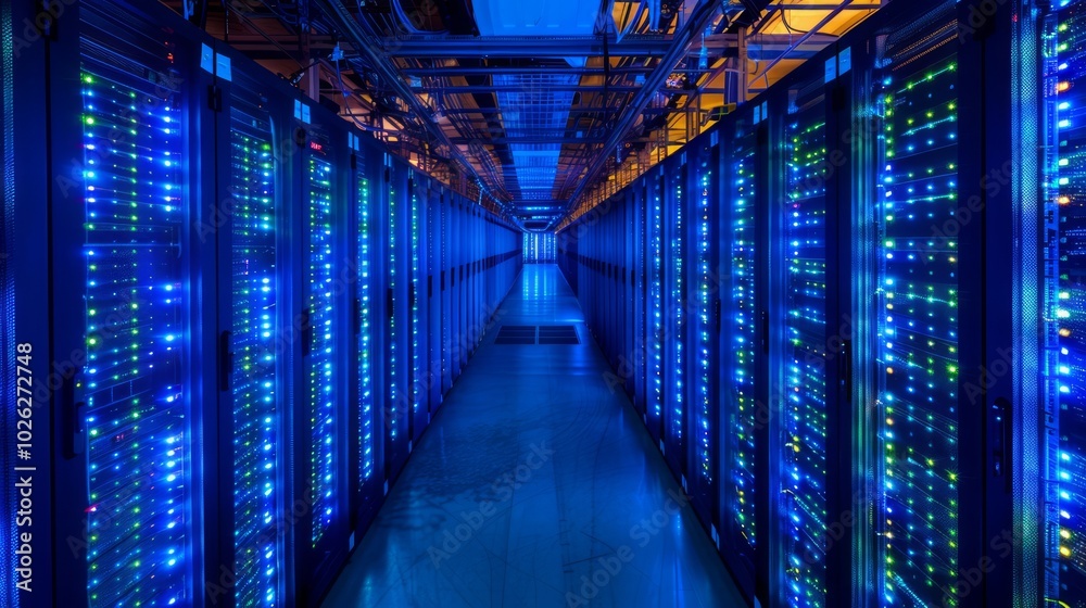 Data Center Aisle with Server Racks and LED Lights Data Center Aisle with Server Racks and LED Lights