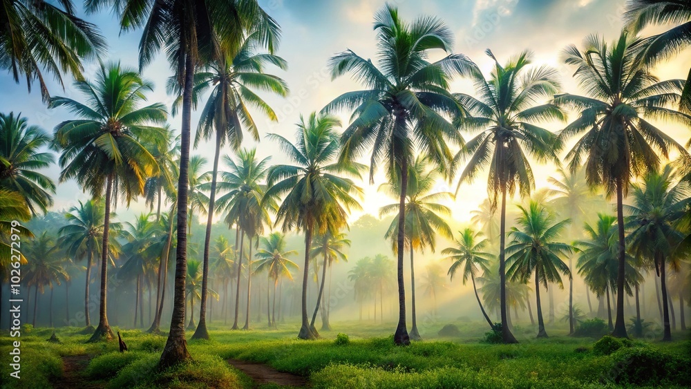 Fototapeta premium Misty morning jungle with hazy coconut grove and foggy palm trees