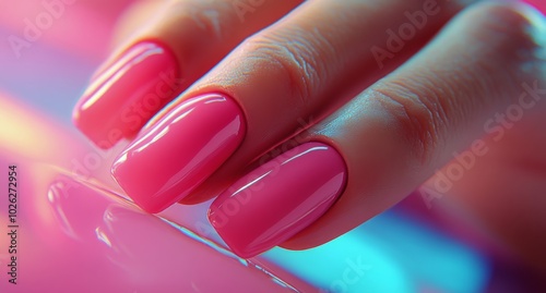 Bright pink manicure showcased on a finger against a vibrant pink background ...