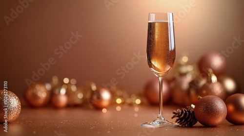 Celebratory glass of sparkling beverage with festive decorations during a joy...
