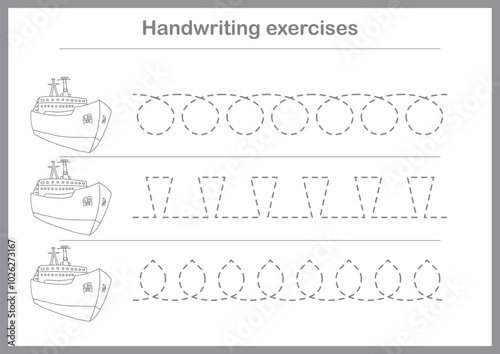 Basic writing exercises. Trace line worksheets for children. Preschool handwriting practice. Vector illustration. A4 - ready to print format