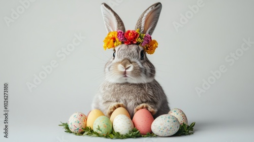 Cute rabbit holding pastel-colored eggs in a soft light setting during spring...