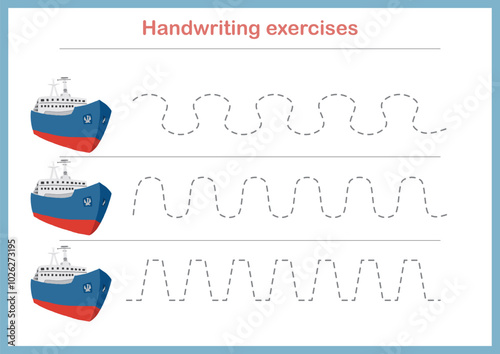 Basic writing exercises. Trace line worksheets for children. Preschool handwriting practice. Vector illustration. A4 - ready to print format photo