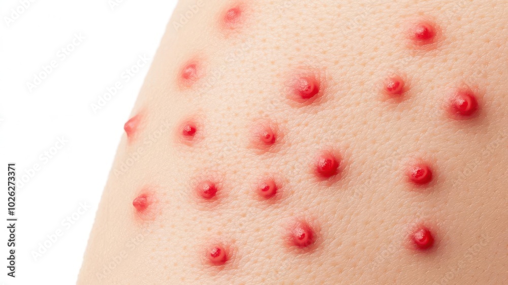 Fototapeta premium Close-up of red, raised hives on human skin, emphasizing texture and irritation