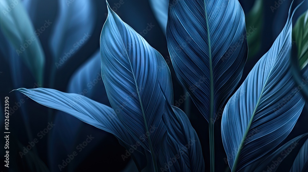 A detailed macro shot of a spathiphyllum cannifolium leaf, revealing the vivid blue-green hues and textured surface of the tropical plant.