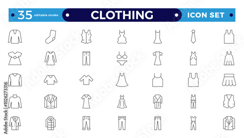 Clothes outline icons set. Sweatshirt, hoody, pullover, bath suit, jacket, evening dress, cardigan, trousers visualization vector illustration. Editable stroke outline icon.