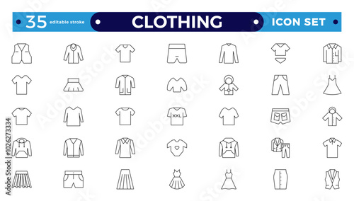 Clothes outline icons set. Sweatshirt, hoody, pullover, bath suit, jacket, evening dress, cardigan, trousers visualization vector illustration. Editable stroke outline icon.