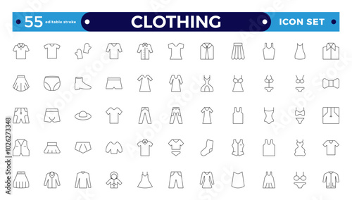 Clothes outline icons set. Sweatshirt, hoody, pullover, bath suit, jacket, evening dress, cardigan, trousers visualization vector illustration. Editable stroke outline icon.