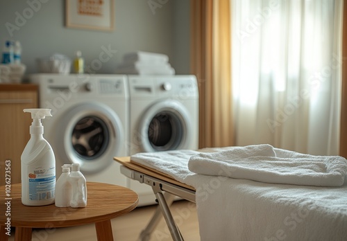 Bright laundry room with washing machine, towels, and wooden accents during d...