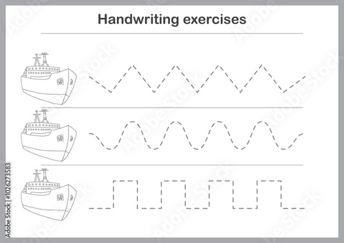 Basic writing exercises. Trace line worksheets for children. Preschool handwriting practice. Vector illustration. A4 - ready to print format