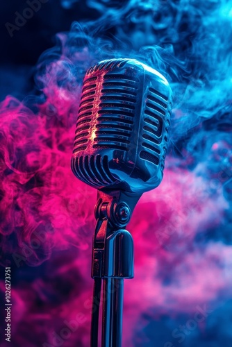 Vintage microphone surrounded by colorful smoke in a dramatic lighting setup
