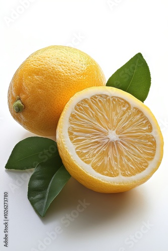 Fresh lemons with green leaves arranged on a speckled surface in natural ligh...