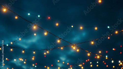 Twinkling lights create cheerful atmosphere against dark sky, perfect for festive occasions and gatherings. colorful bulbs add warmth and joy to any setting