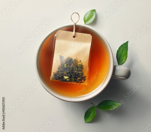 A steaming cup of herbal tea with a bag steeping, surrounded by fresh green l...