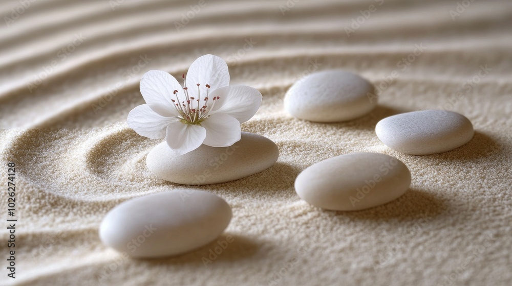 White Flower and Smooth Stones on a Sand Zen Garden White Flower and Smooth Stones on a Sand Zen Garden