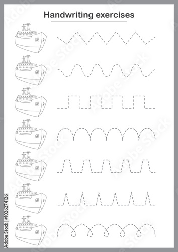 Basic writing exercises. Trace line worksheets for children. Preschool handwriting practice. Vector illustration. A4 - ready to print format