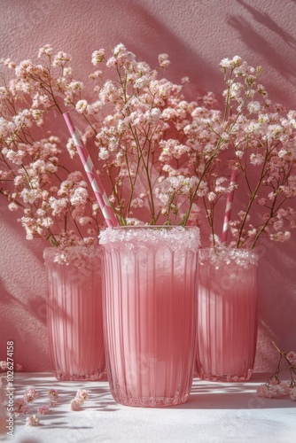 Refreshing pink drinks with flowers in elegant glasses on a soft pink background