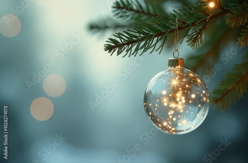 beautiful transparent christmas ball with christmas lights hanging on the tree light background