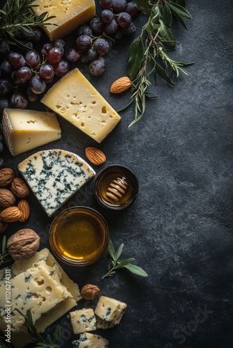 A well-arranged cheese platter with fruits, nuts, and honey on a dark background