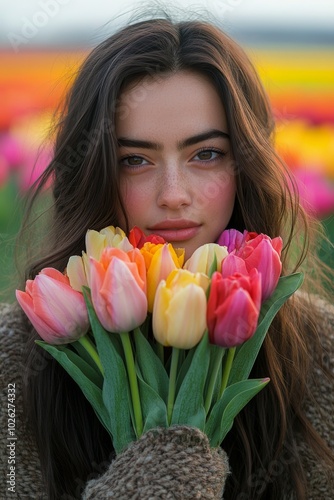 Young woman embraces a vibrant bouquet of tulips in a colorful flower field a...