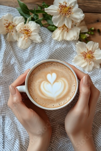 Enjoying a beautifully crafted latte with floral accents on a cozy table in a...