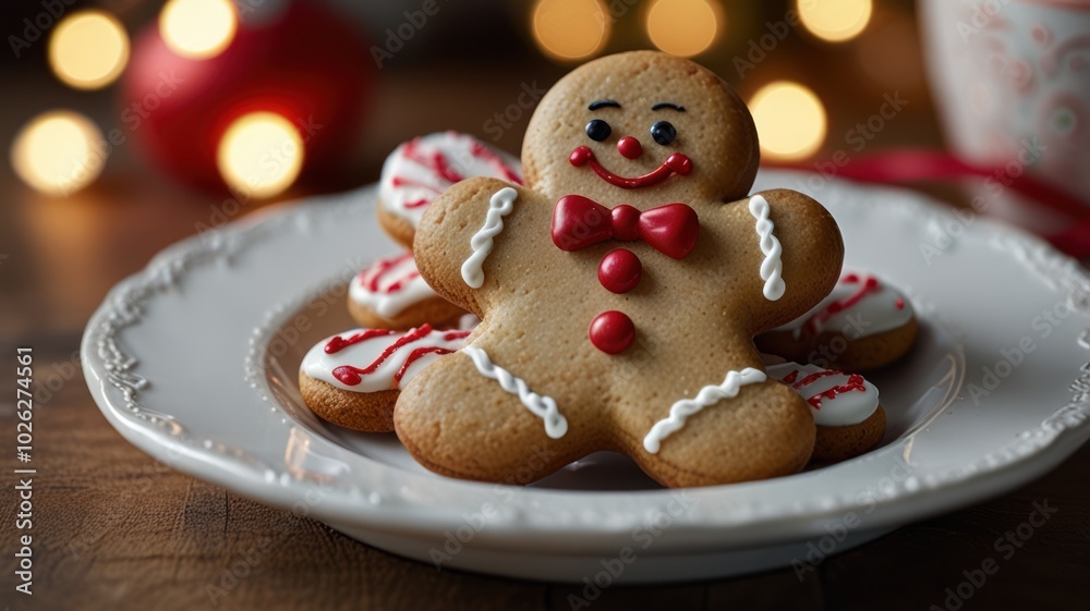 A gingerbread man cookie with red and white icing on a white plate with a blurry background of Christmas lights. A gingerbread man cookie with red and white icing on a white plate with a blurry background of Christmas lights.