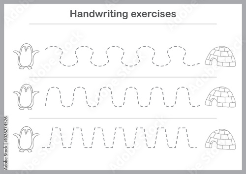 Basic writing exercises. Trace line worksheets for children. Preschool handwriting practice. Vector illustration. A4 - ready to print format