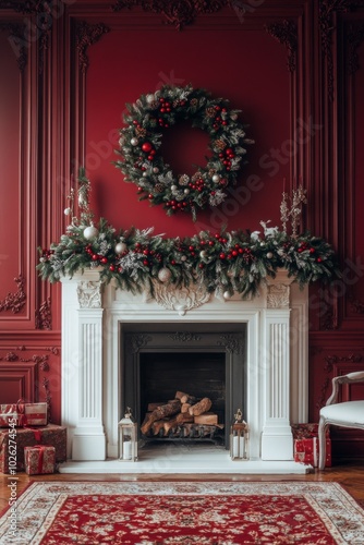 Festive holiday decor featuring a red wall with a wreath and a cozy fireplace...