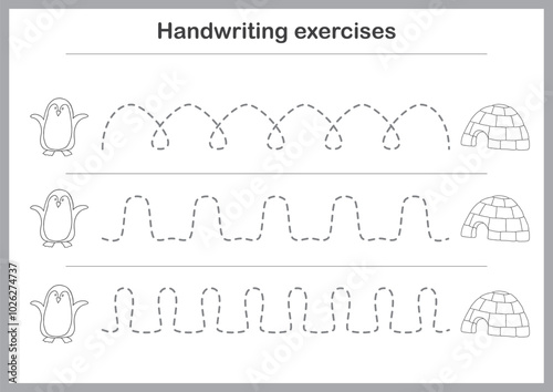 Basic writing exercises. Trace line worksheets for children. Preschool handwriting practice. Vector illustration. A4 - ready to print format