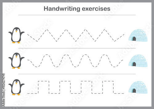 Basic writing exercises. Trace line worksheets for children. Preschool handwriting practice. Vector illustration. A4 - ready to print format