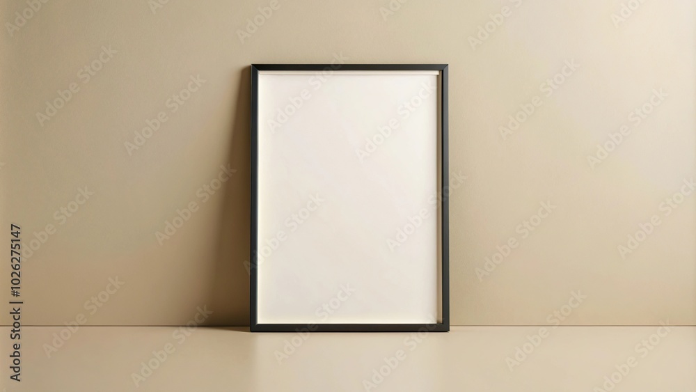 Mock up frame with thin black border on beige wall background Mock up frame with thin black border on beige wall background